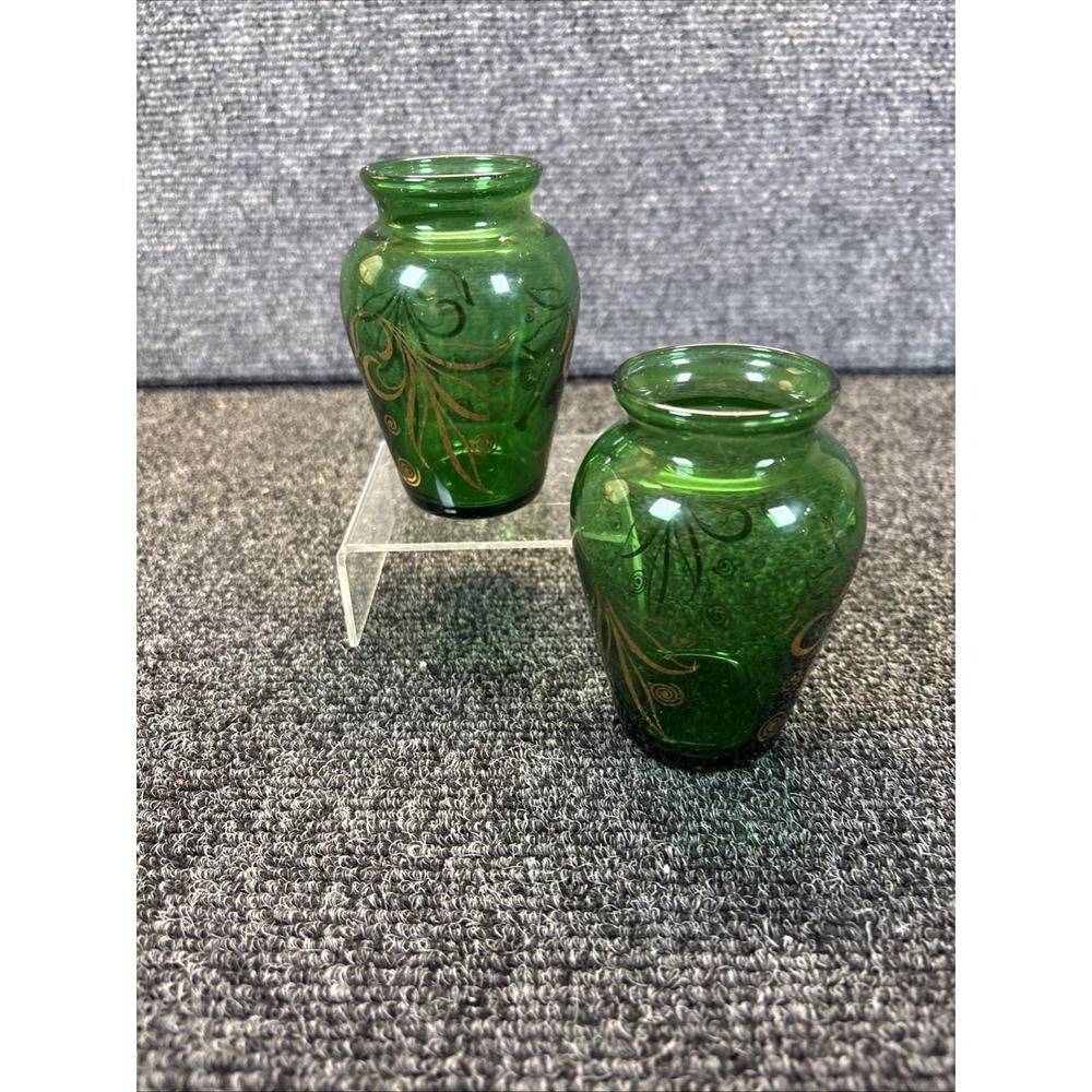 2~Vtg~Anchor Hocking Emerald Forest Green Bud Vases w/Gold Leaf Design